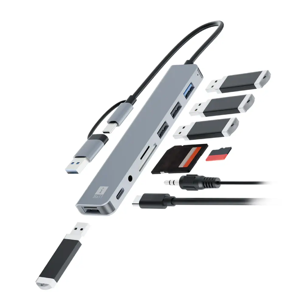 Iball Type-C+USB to USB Hub 8 in 1 (Aux | USB 3.0 | Type-C | SD Card)